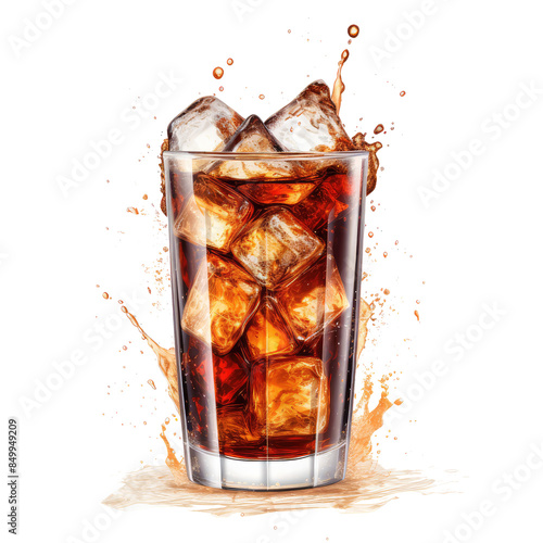 Glass of cola with splash isolated on transparent white background, clipping path 