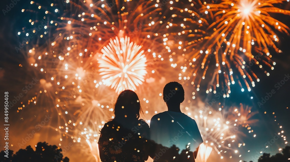 A couple enjoys watching a vibrant fireworks display at night, celebrating a festive occasion with colorful explosions lighting up the sky. A couple enjoys watching a vibrant fireworks display at night, celebrating a festive occasion with colorful explosions lighting up the sky.