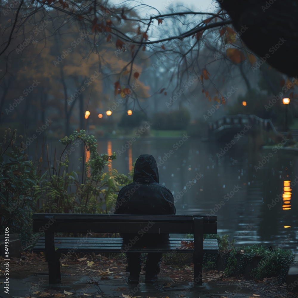 Sad man in park, judging by something, bench next to pond, rain falling, curved light, black hoodie, melancholic vibe Sad man in park, judging by something, bench next to pond, rain falling, curved light, black hoodie, melancholic vibe