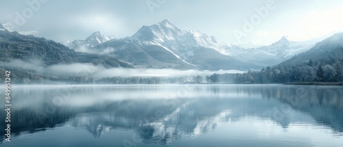 A misty mountain landscape at dawn, snow-capped peaks, a calm lake reflecting the sunrise, wide-angle, cool color palette, serene and majestic., Leading lines, centered in frame, natural light