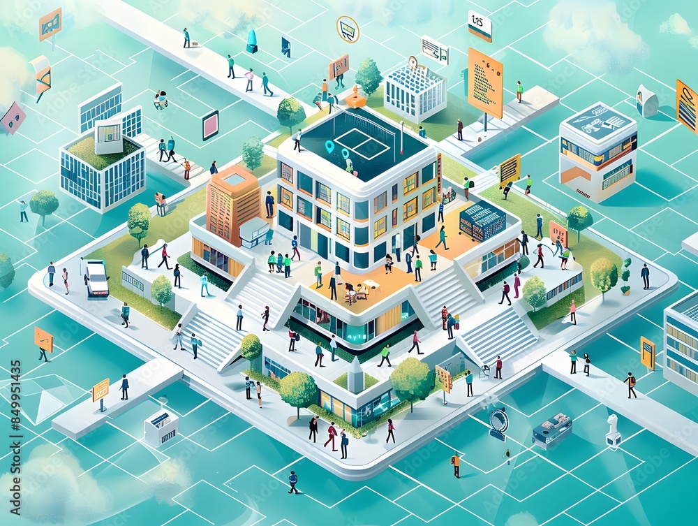 A cityscape with a large building in the center and a lot of people walking around. Scene is lively and bustling A cityscape with a large building in the center and a lot of people walking around. Scene is lively and bustling
