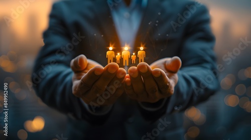 A man is holding a group of people in his hands, with the people being lit candles. Concept of warmth and togetherness, as the man is holding the group of people close to him