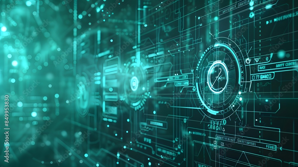 A computer screen with a green background and a large circle in the middle. The circle is surrounded by smaller circles and lines. Concept of technology and complexity, with the green background A computer screen with a green background and a large circle in the middle. The circle is surrounded by smaller circles and lines. Concept of technology and complexity, with the green background
