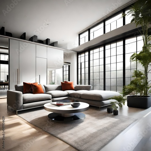 beautiful house interior with fotila sofas , window and plants