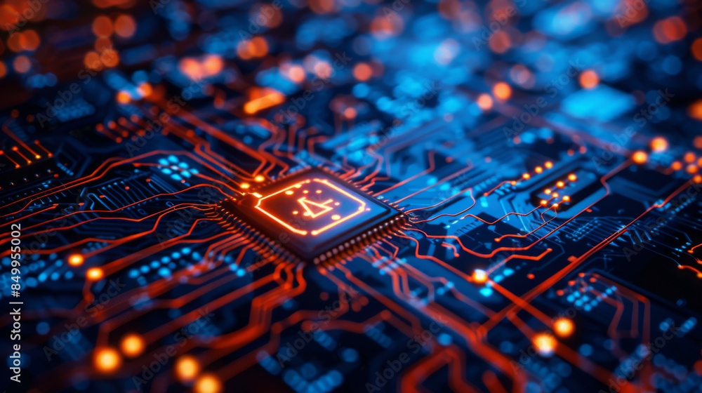 Fototapeta premium A glowing microchip at the center of an intricate high-tech circuit board, symbolizing advanced computing and technology.