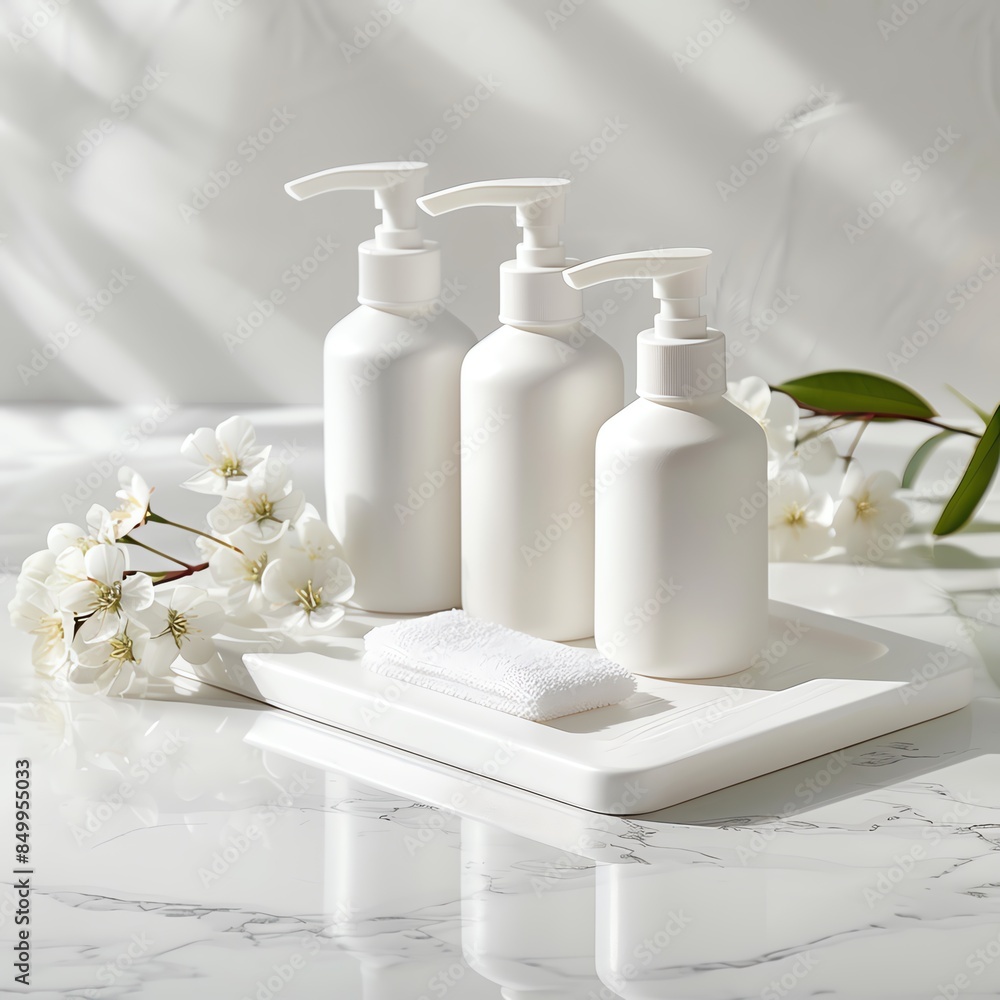Elegant white foam packaging bottles on elegant display stand, white background, feeling of luxury and beauty Elegant white foam packaging bottles on elegant display stand, white background, feeling of luxury and beauty