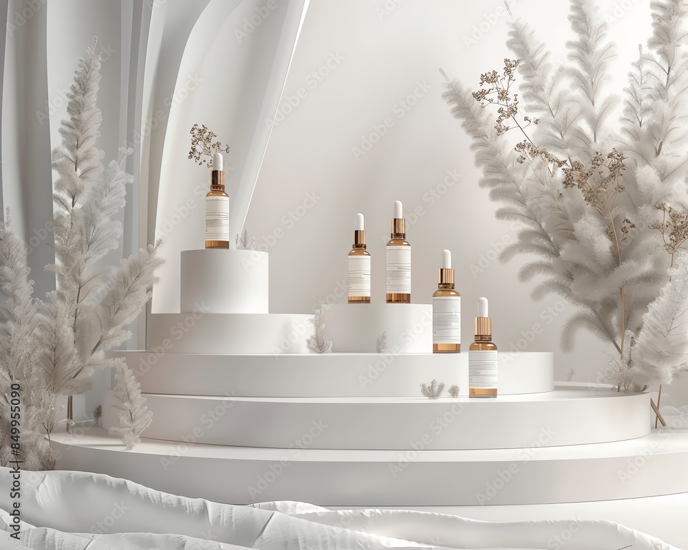 Luxurious display stand with elegant white foam bottles, white background, aura of beauty and sophistication Luxurious display stand with elegant white foam bottles, white background, aura of beauty and sophistication