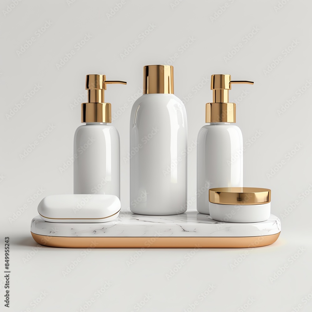 White foam packaging bottles on luxury stand, white background, conveys luxury and elegance White foam packaging bottles on luxury stand, white background, conveys luxury and elegance