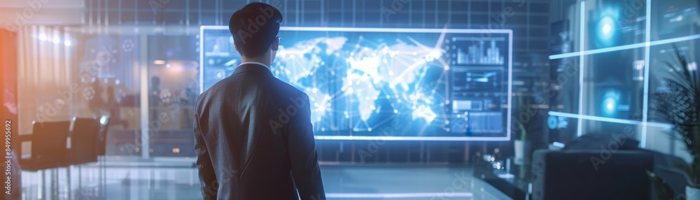 A man is standing in front of a screen with a group of people on it. He is holding his hands out, as if he is trying to communicate with the people on the screen A man is standing in front of a screen with a group of people on it. He is holding his hands out, as if he is trying to communicate with the people on the screen