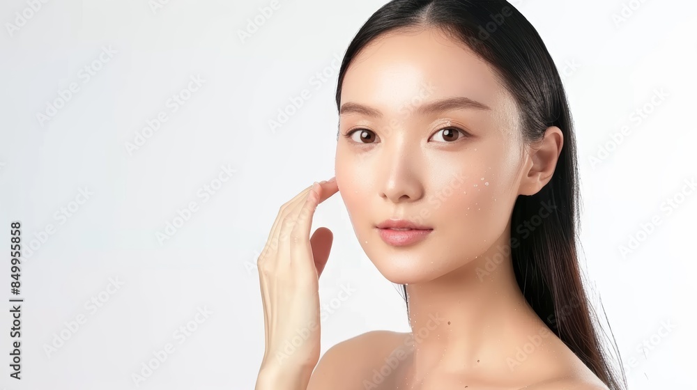 A young woman with clear skin and long black hair touches her face against a white background. A young woman with clear skin and long black hair touches her face against a white background.