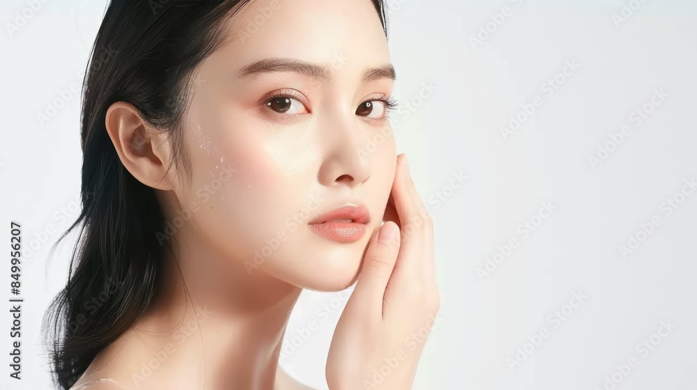 A young woman with long black hair touches her cheek and looks at the camera. She has clear skin and a neutral expression. The background is a soft white. A young woman with long black hair touches her cheek and looks at the camera. She has clear skin and a neutral expression. The background is a soft white.