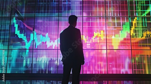 Businessman analyzing a colorful stock market graph on large office screen © chanidapa