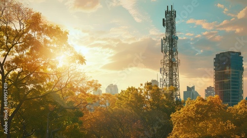 Cell tower in city park with trees and buildings in the background
