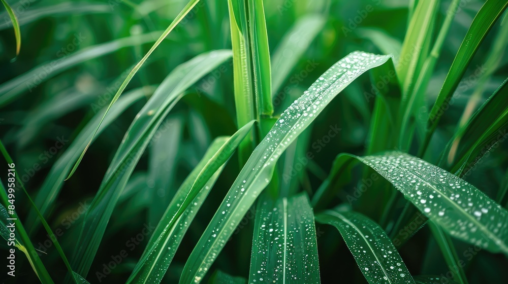 Obraz premium Close-up of fresh and vibrant sugar cane leaves in lush agricultural field