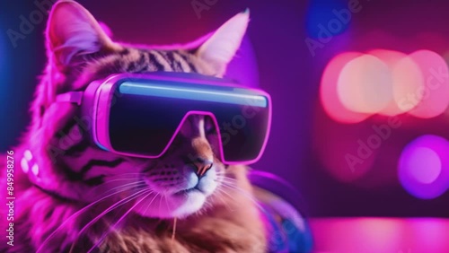 Cat in 3D glasses on a neon background. Generated AI