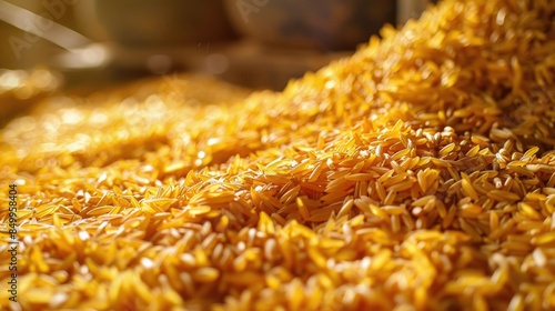 Close-up of golden rice husks piled high in storage bin photo