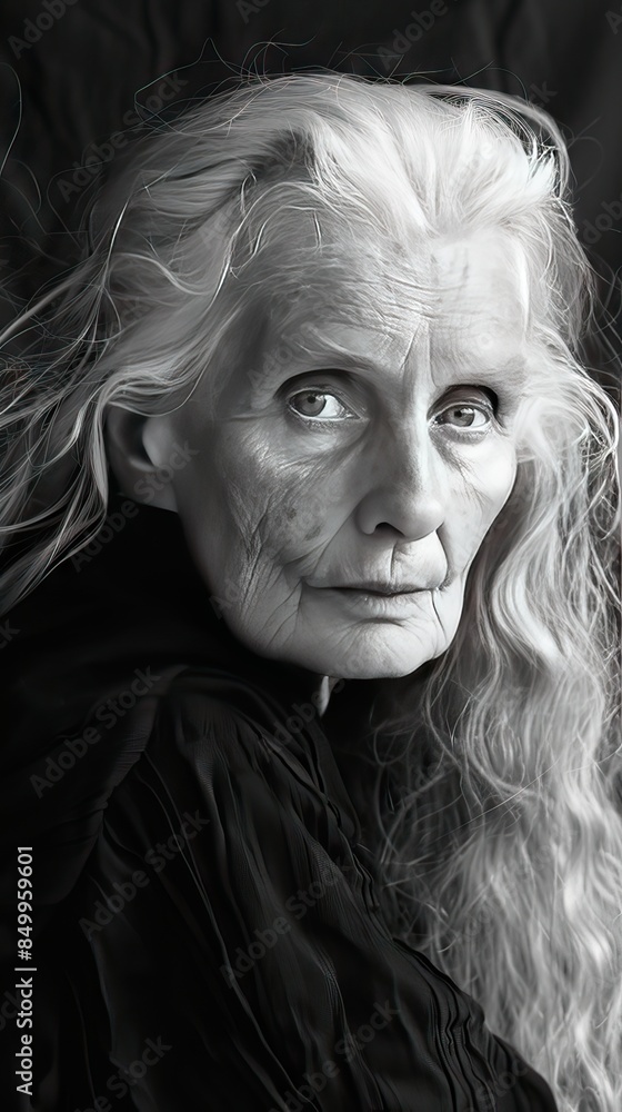 An elderly woman with long white hair, her wise gaze reflecting a lifetime of experience and knowledge. A portrait of timeless wisdom. Generative AI An elderly woman with long white hair, her wise gaze reflecting a lifetime of experience and knowledge. A portrait of timeless wisdom. Generative AI