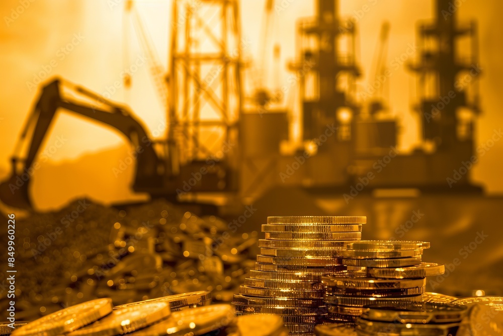 Economic growth fueled by gold mining, side view, depicting prosperity and investment, technology tone, Monochromatic Color Scheme Economic growth fueled by gold mining, side view, depicting prosperity and investment, technology tone, Monochromatic Color Scheme
