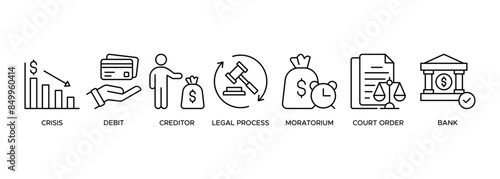 Bankruptcy banner web icon vector illustration concept with icon of crisis, debt, creditor, legal process, moratorium, court order, and bank