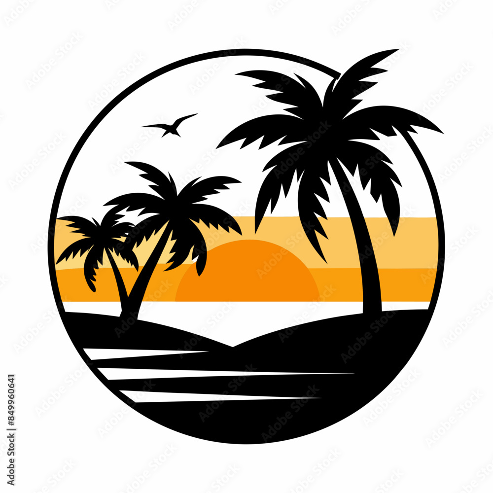 Fototapeta premium Beach with palms tree black silhouette and morning sun