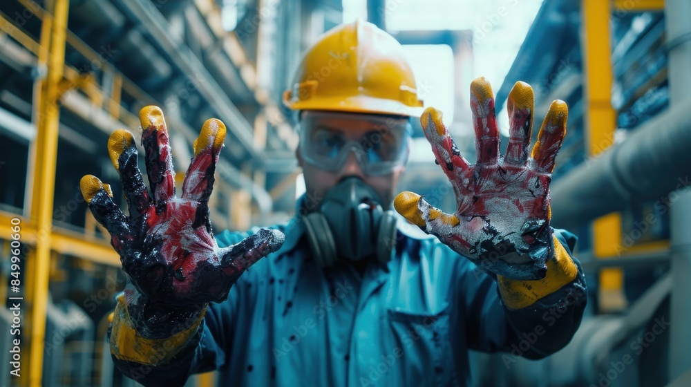 A factory worker with chemical burns on their hands, captured in a ...