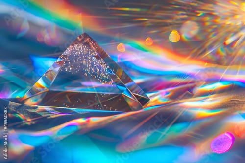 Polarized light through a crystal prism dispersing into a spectrum of colors, side view, demonstrating lights fascinating properties, scifi tone, Monochromatic Color Scheme photo