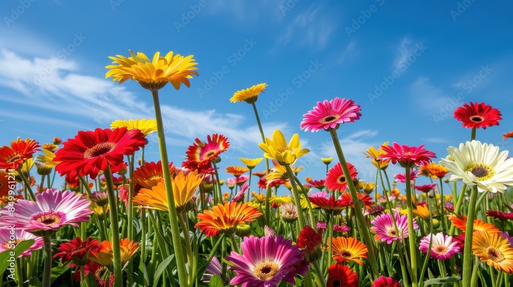A field of mixed gerbera daisies in various colors, under a clear blue sky, showcasing natural beauty and liveliness. --ar 16:9 --style raw Job ID: a5da35dc-99fa-410f-9249-3202cde5a005 A field of mixed gerbera daisies in various colors, under a clear blue sky, showcasing natural beauty and liveliness. --ar 16:9 --style raw Job ID: a5da35dc-99fa-410f-9249-3202cde5a005