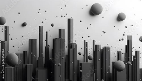 Fototapeta Naklejka Na Ścianę i Meble -  A cityscape with many tall buildings and a lot of small spheres