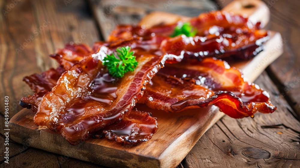 Mapleglazed bacon strips on a wooden board, focus on the glaze and bacon, sweet and savory theme, ethereal, blend mode, rustic kitchen backdrop Mapleglazed bacon strips on a wooden board, focus on the glaze and bacon, sweet and savory theme, ethereal, blend mode, rustic kitchen backdrop