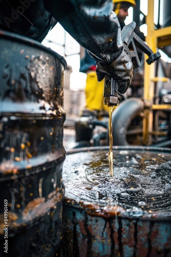 A man in an orange jacket is painting a rusty barrel. The barrel is full of oil and the man is using a spray gun to apply the paint. The scene is messy and chaotic, with oil splatters