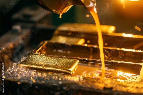 Wallpaper Mural Pouring molten gold into bar mold, liquid brilliance, front view, symbolizing wealth creation, technology tone, Analogous Color Scheme Torontodigital.ca
