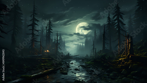 Full Moon Woods - Moonlight, Lunar Scene, Dark Forest, Creepy Night Setting, Halloween, Hallows Eve, Creepy photo