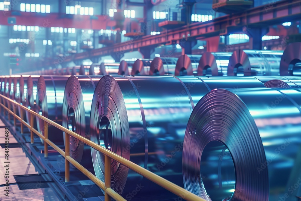 Automated systems managing cold rolled steel sheets in coils production, front view, illustrating smart manufacturing, technology tone, vivid color scheme Automated systems managing cold rolled steel sheets in coils production, front view, illustrating smart manufacturing, technology tone, vivid color scheme
