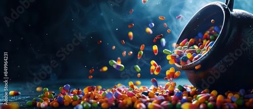 Halloween candy spilling from a cauldron, matte surface, copy space, photo