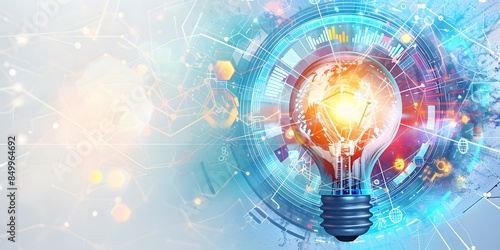 A light bulb is surrounded by a colorful, abstract design