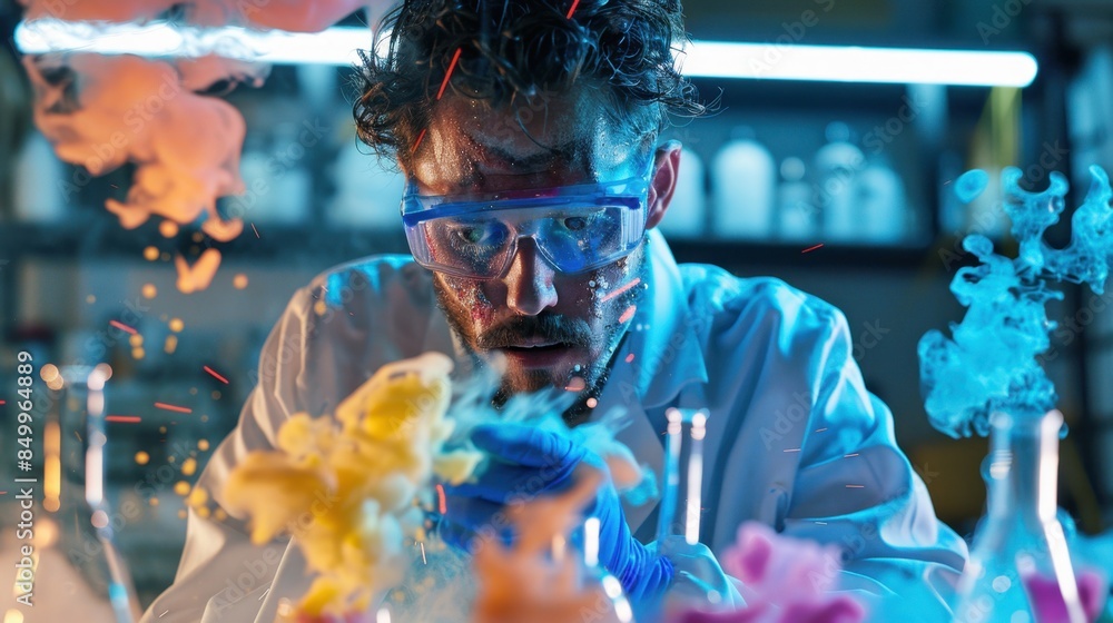 A scientist caught in a sudden chemical reaction, with colorful reactions visually highlighted, in a detailed lab environment. --ar 16:9 --style raw Job ID: a0512dee-c7b3-4858-8734-b1561e7b8df5 A scientist caught in a sudden chemical reaction, with colorful reactions visually highlighted, in a detailed lab environment. --ar 16:9 --style raw Job ID: a0512dee-c7b3-4858-8734-b1561e7b8df5