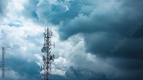 Tall cell tower with antennas and satellite dishes against cloudy sky © chanidapa