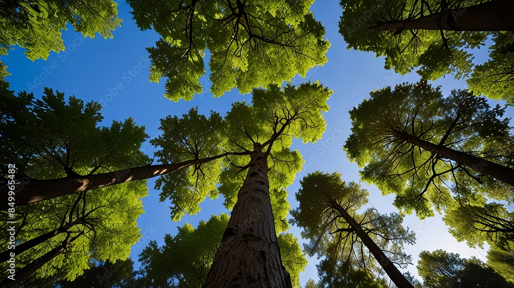 Fototapeta premium looking up green forest trees with green leaves blue sky and sun light