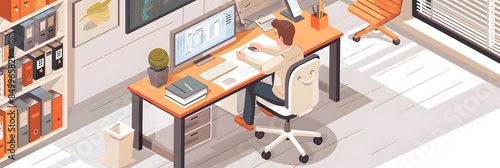 A man is sitting at a desk with a computer and a chair