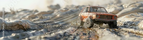 A car is driving down a dirt road in a forest. The car is orange and he is a sports car. The road is winding and there are trees on both sides. The scene is peaceful and serene photo