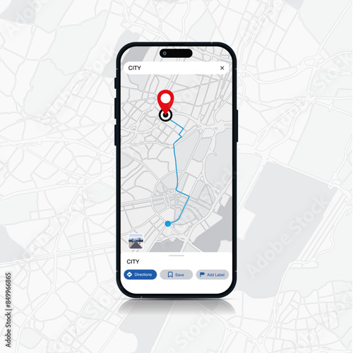 Smartphone Map App with GPS Navigation and Red Marker Pin Point on Screen. Vector Illustration of App Search on Line Maps Background