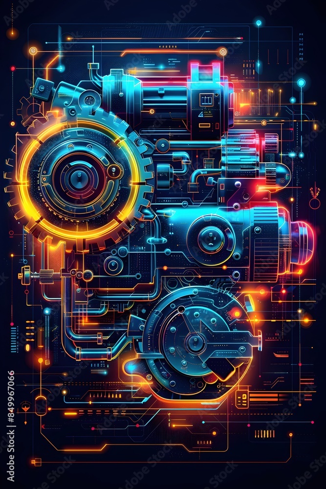 Vivid Mechanical Power Symbol with Smooth Flowing Gears and Pistons in Futuristic Neon Palette Vivid Mechanical Power Symbol with Smooth Flowing Gears and Pistons in Futuristic Neon Palette