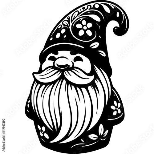 Ceramic garden gnome in monochrome. Decorative figurine for lawn decoration. Simple minimalistic vector in black ink drawing on transparent background