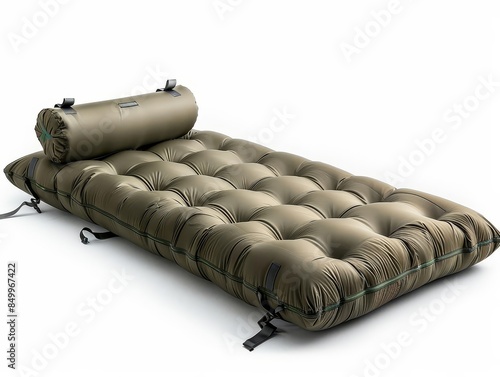 A selfinflating camping mattress with a builtin pillow and an insulated core for extra warmth, white background photo