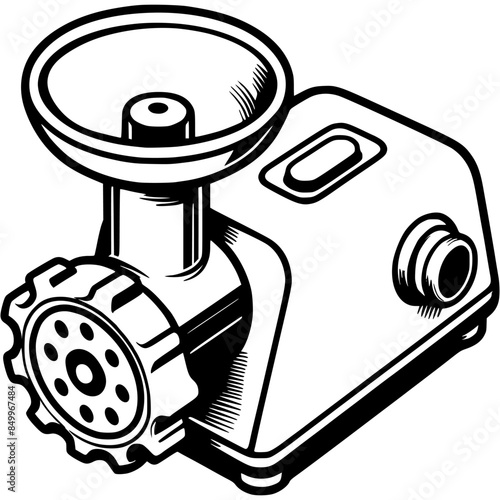 Electric meat grinder for grinding meat in monochrome. Simple minimalistic vector in black ink drawing on transparent background
