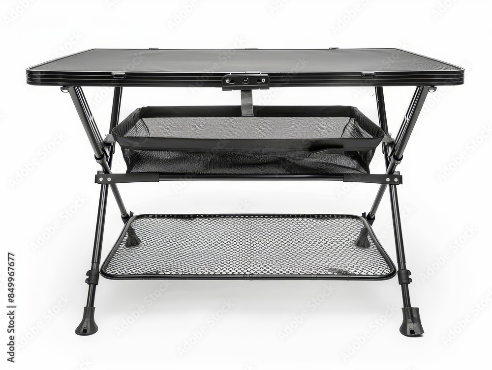 A compact camping table with adjustable legs and a mesh storage shelf underneath The table is made from durable materials and is perfect for outdoor meals Isolated on a solid white A compact camping table with adjustable legs and a mesh storage shelf underneath The table is made from durable materials and is perfect for outdoor meals Isolated on a solid white