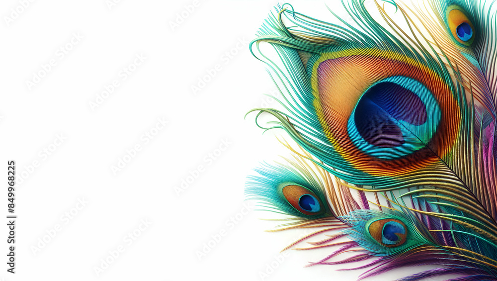 Obraz premium Watercolor of Decorative Peacock Feather With Vivid Shades of Blue and Gre Lohri India on White BG, generative ai