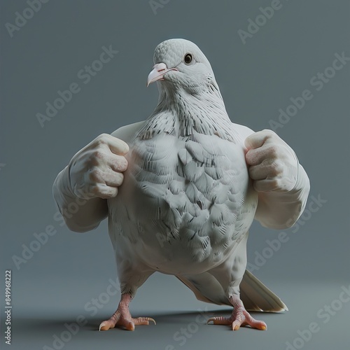 A muscular pigeon showing off its biceps, blending urban charm with strength in a humorous depiction. A unique and entertaining illustration. Generative AI. photo