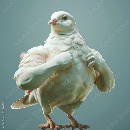 A muscular pigeon showing off its biceps, blending urban charm with strength in a humorous depiction. A unique and entertaining illustration. Generative AI. photo