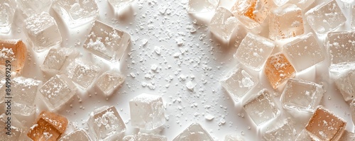 Close-up of Himalayan salt crystals and white sugar cubes on a white surface, showcasing texture and detail.